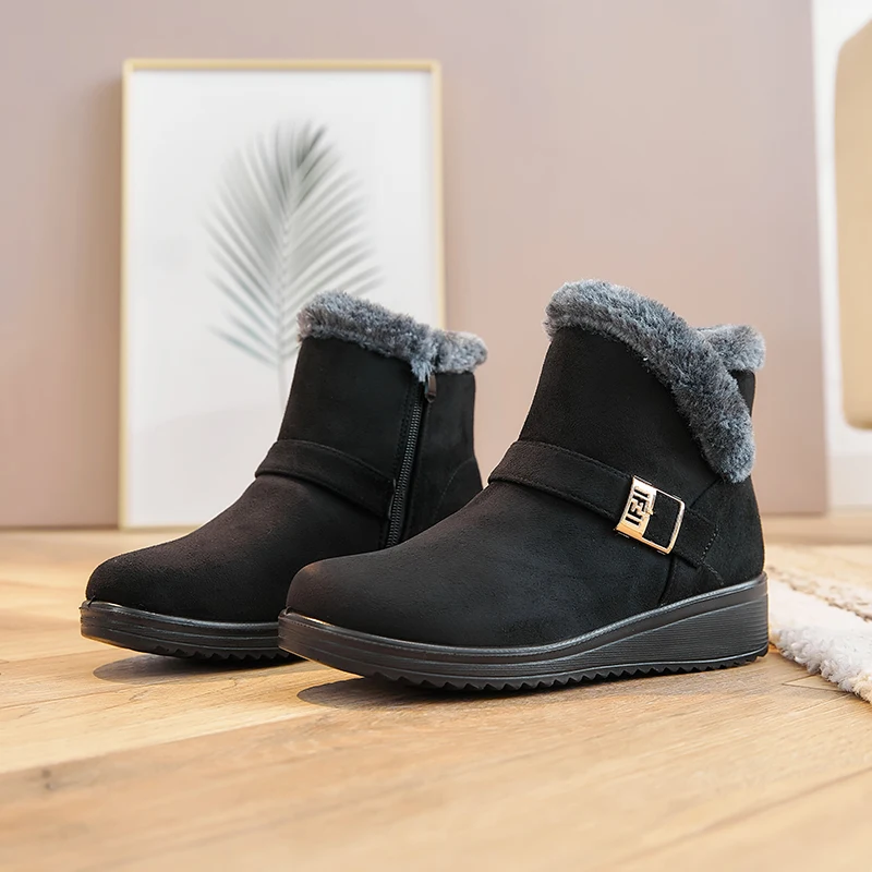 

2020 Slope Heel Ankle Round Toe Plush Warm Snow Boots for Woman Size 35-41 Winter Women's Ladies Mother Lace-Up Leisure Shoes