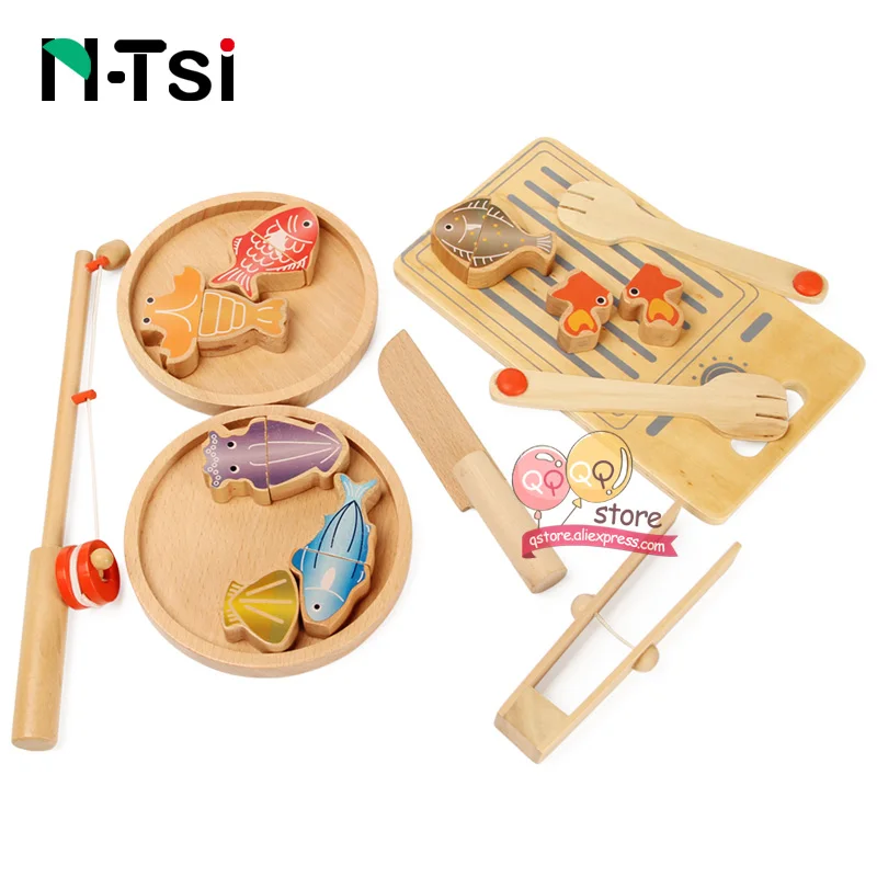 N-Tsi деревянные пищевые группы овощи магнитные рыболовные кухонные игрушки ролевые игры Развивающие детские подарочные игрушки для детей - Цвет: Fishing Set