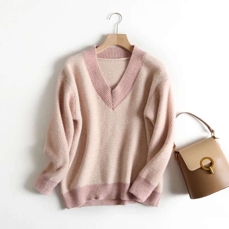 AOEMQ, повседневные, с v-образным вырезом, в полоску, из кусков, толстые, теплые пуловеры, свитера, на Рождество, зимние, подарочные свитера, женская одежда - Цвет: pink