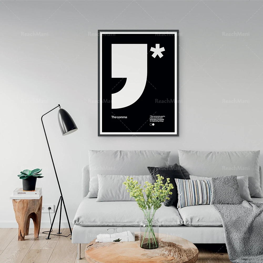 L'Affiche Virgola Tipografia Noire, Minimalista, Design Moderno, Helvetica, Sans Serif, Polizia