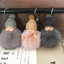 10 Uds. Llavero de muñeco de bebé durmiendo pompón llave de la bola de piel de conejo cadena llavero de coche mujer colgante de bolsa Porta llaves Accesorios