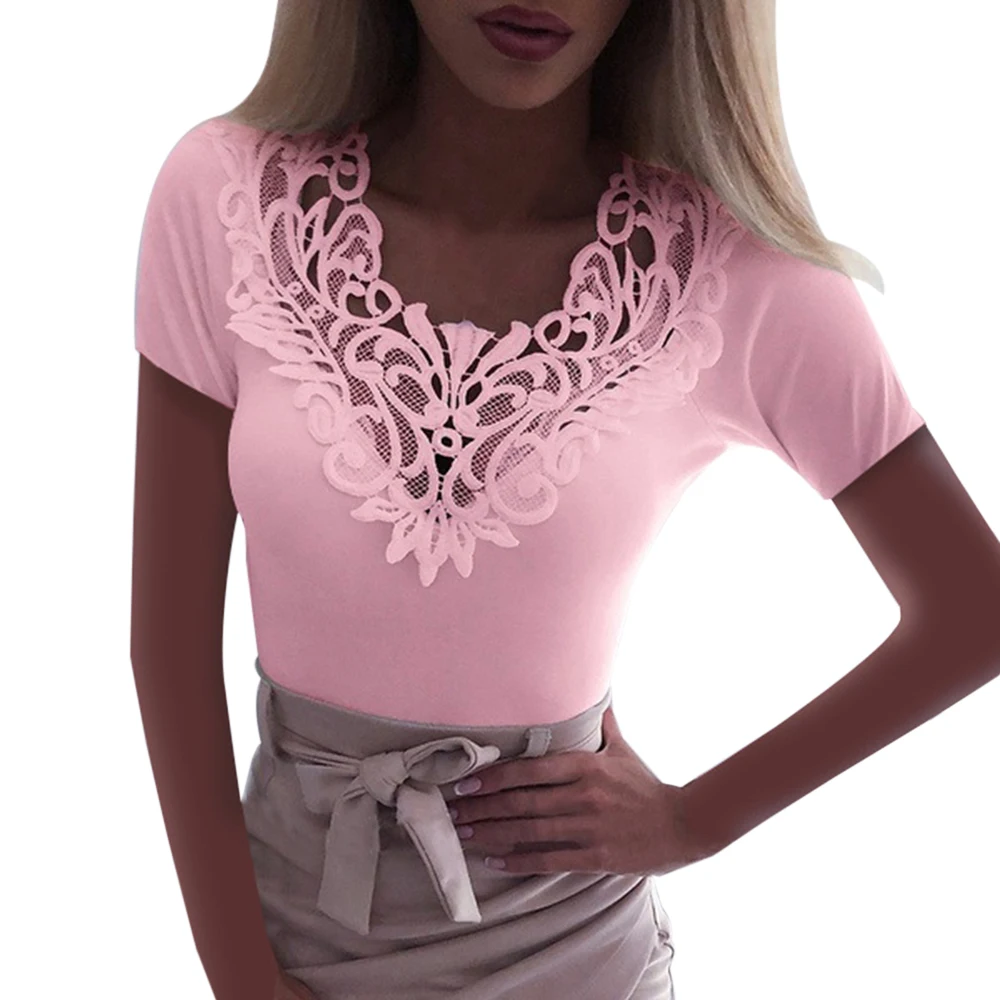 pink 3 Puimentiua, модная летняя кружевная открытая женская блузка с коротким рукавом, повседневные свободные рубашки, топ, женская белая вязанная блуза 5XL - Цвет: pink 3