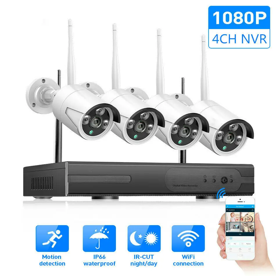 

1080P 4CH Wireless WiFi NVR kit Video Recorder IP Network camera Remote View Wireless Security Camera System Free shipping