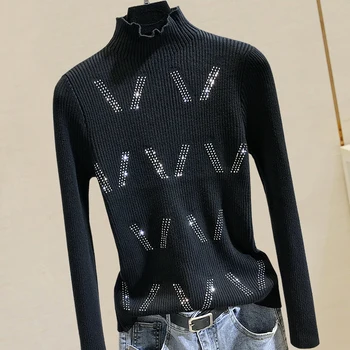 

Half-turtleneck Knitted Bottoming Shirt Women's Long Sleeves Autumn Winter Sweater Woman Jacket Slim Hot Drilling Sweaters Femme