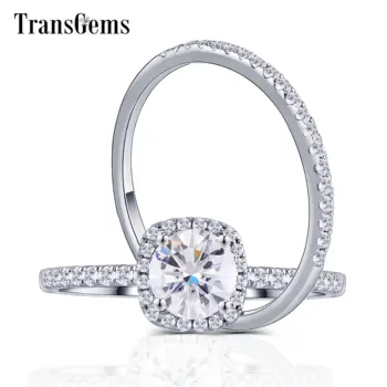 

TransGems 18K 750 White Gold Center 6.5mm Round Moissanite with Halo Eternity Band Engagement Ring for Women Set Gold Jewelry