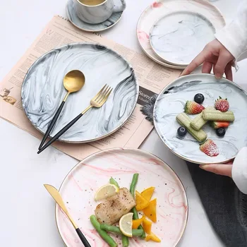 

Creative Marbled Ceramic Plates Fruit Tray Cake Dishs Steak Plate Dinnerware Breakfast Plate Round Dish tableware Home Kitchen