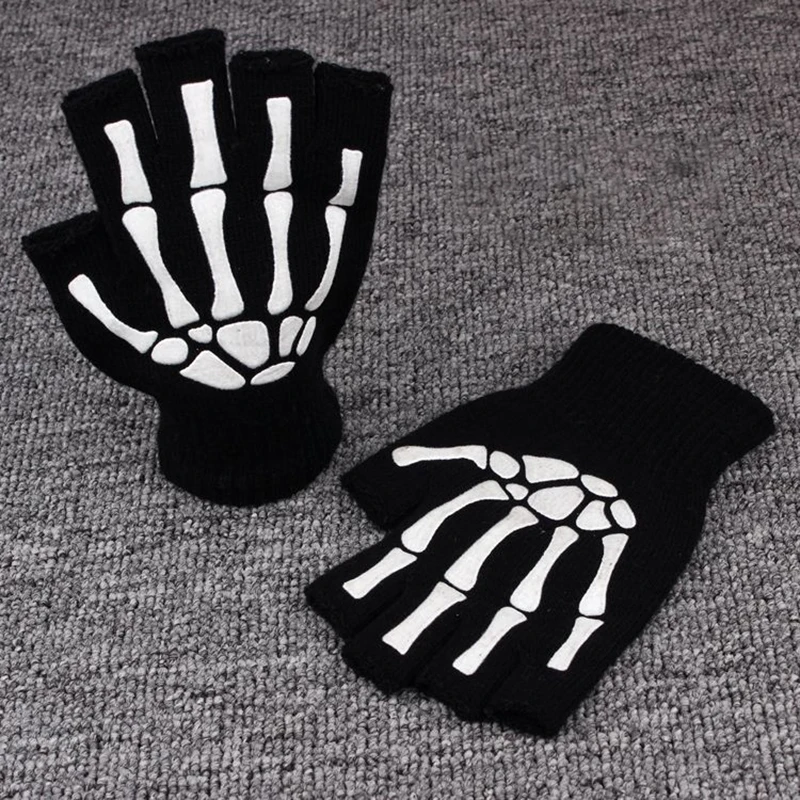 Printing Fluorescent Skeleton Skull Knitted Half Finger Gloves Cool