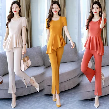 

2020 female sets women two pieces set long tops blouse and calf length split pants trousers suits