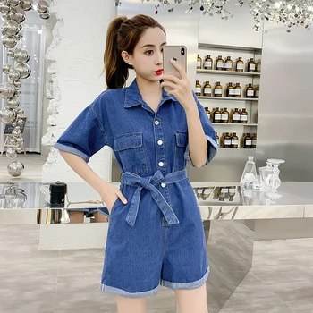

Summer Short Sleeve Denim Romper Playsuit For Women Casual Single Breasted Loose Wiede Leg Cargo Jeans Jumpsuit Pants