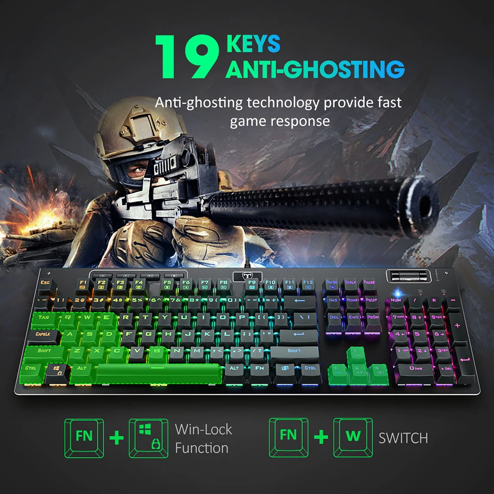 PICTEK Mechanical Keyboard Red Switch Gaming Keyboard With RGB Backlit 104 Keys 19 Key Anti-Ghosting Wired Keyboard For PC Gamer