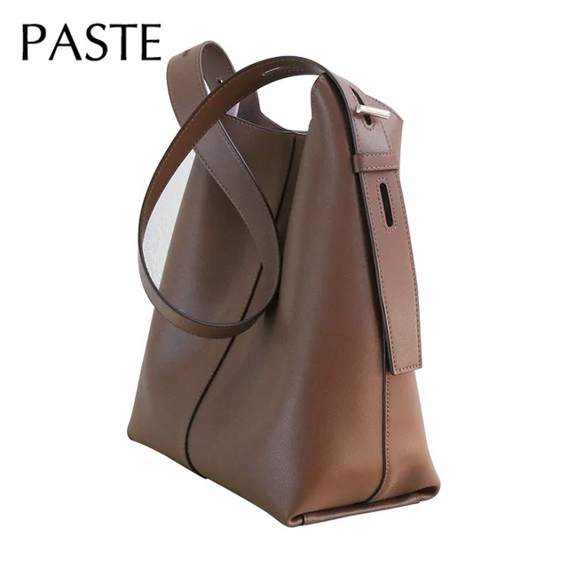 Simple Adjustable Handle Office Clerk Shoulder Bag Cowhide Leather Women's Handbag Brown Large High Quality Daily Bucket Bag 3