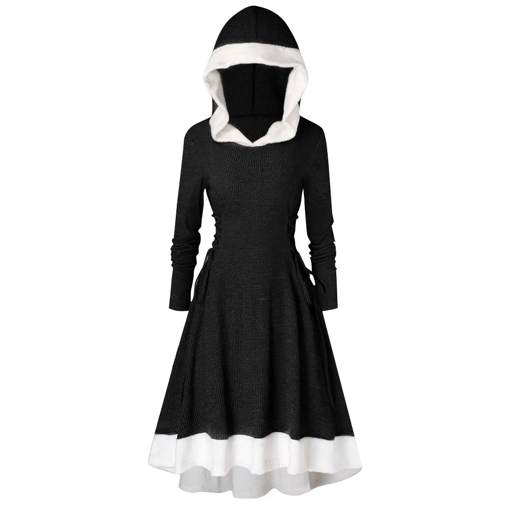 Robe hiver femme, женское платье с длинным рукавом, винтажное, однотонное, размера плюс, с капюшоном, на шнуровке сбоку, зимнее платье, vestidos ropa mujer sukienki