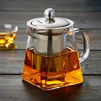 

Heat Resistant Glass Teapot With Stainless Steel Infuser Heated Container Tea Set Clear Kettle Square Filter Baskets Teaware