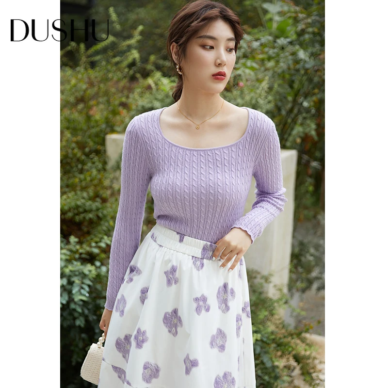 DUSHU Plus size elegant slim purpel knitted sweater Women twist long sleeve autumn sexy pullover Female knitwear jumper top 2020
