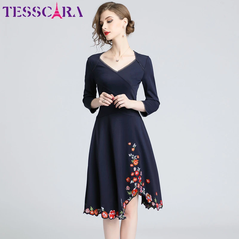 TESSCARA, женское осеннее элегантное платье с вышивкой, Женские Дизайнерские офисные Вечерние Платья с цветочным принтом, винтажное платье трапециевидного силуэта, Femme