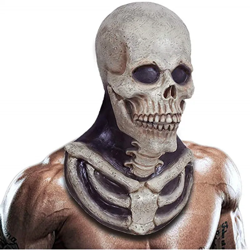 

2020 New Hot Skull Skeleton Mask Bone Chest Piece Halloween Costume Horror Evil Latex Zombie Rubber Scary Full Head Mask Dress