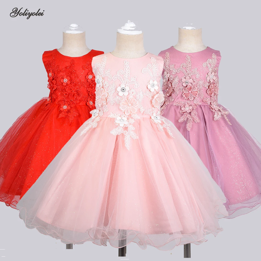 

Yoliyolei Embroidery Floral Girls Dress Elegant Sleeveless Kids Party Dresses For Wedding Princess Holidays Children Clothing