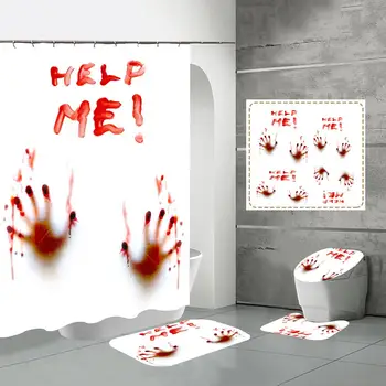 

Blood Handprint Shower Curtain Sets Non-Slip Rugs Toilet Lid Cover And Bath Mat Waterproof Bathroom Curtains Halloween Decor
