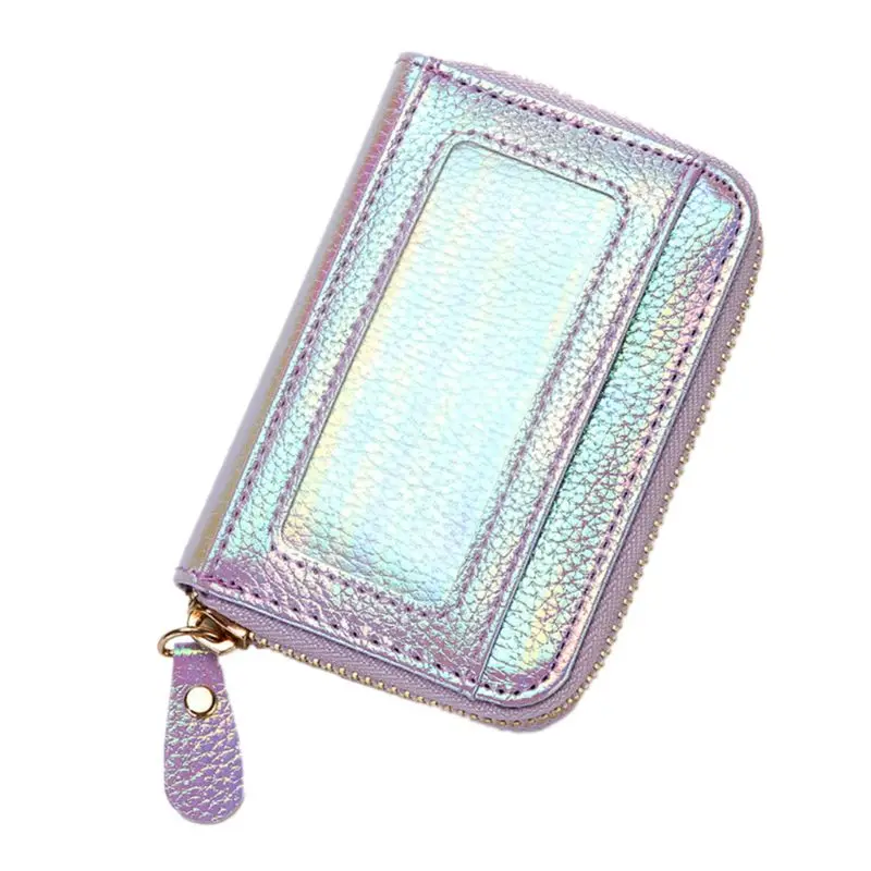 

Women Hologram PU Leather Credit Card Holder Purse with RFID Protector Small Zip Around Wallet