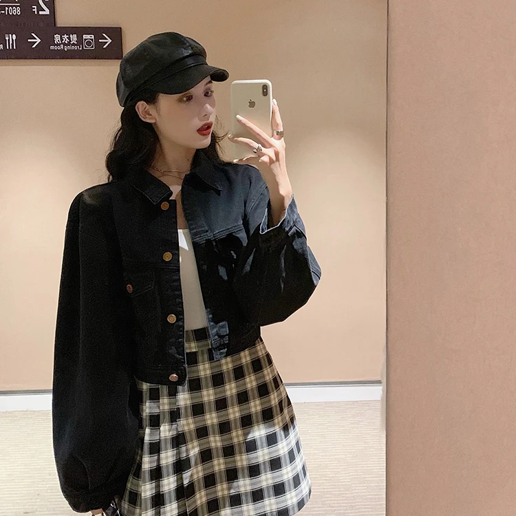 Осенняя новая Корейская шикарная Harajuku винтажная BF с длинными рукавами женская куртка короткая куртка воротник поло Свободная Женская модная джинсовая куртка