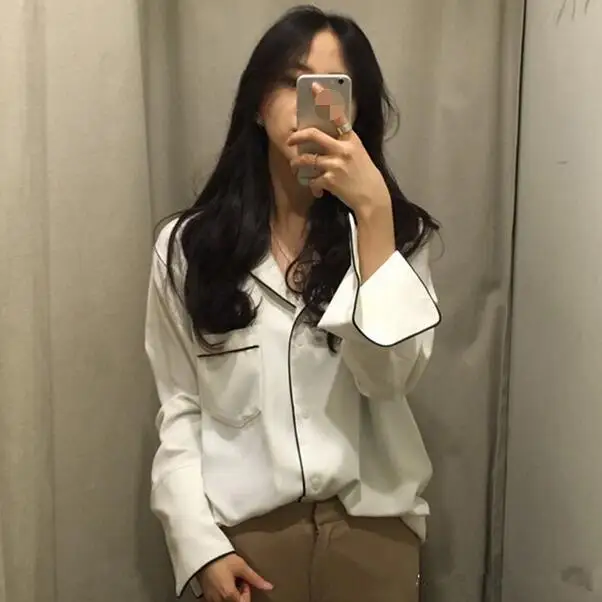 

New Autumn Vintage Women Shirts Loose Full Sleeve V-Neck French Lazy Pajamas Style Blouse Shirt White Black DF816