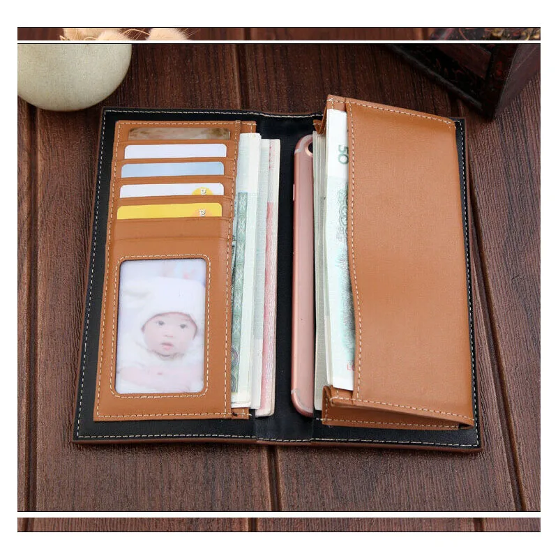 Мужской деловой Роскошный кожаный бумажник из искусственной кожи ID держатель для карт кошелек с чековой книжкой клатч, бумажник однотонный кошелек