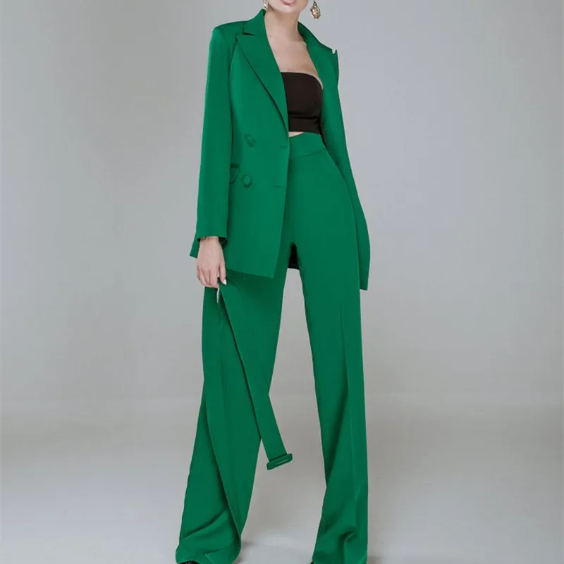 

Elegant Fashion Blazer Suits Women Double Breasted Pocket Jacket Streetwear Office Lady Casual Daily Green Coat 2 Pieces Set