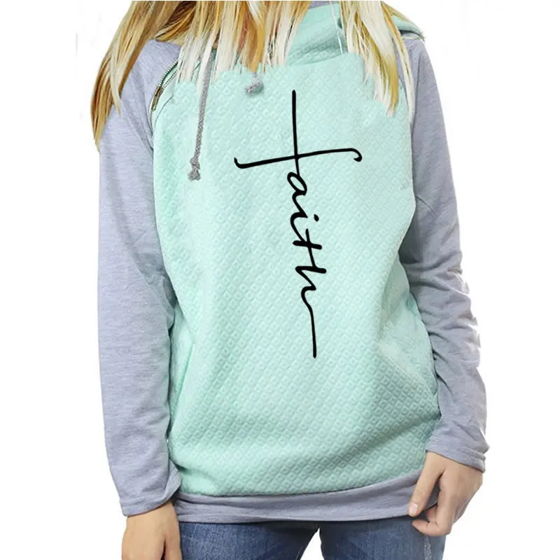  Autumn Winter Patchwork Hoodies Sweatshirts Women Faith Cross Embroidered Long Sleeve Sweatshirts F