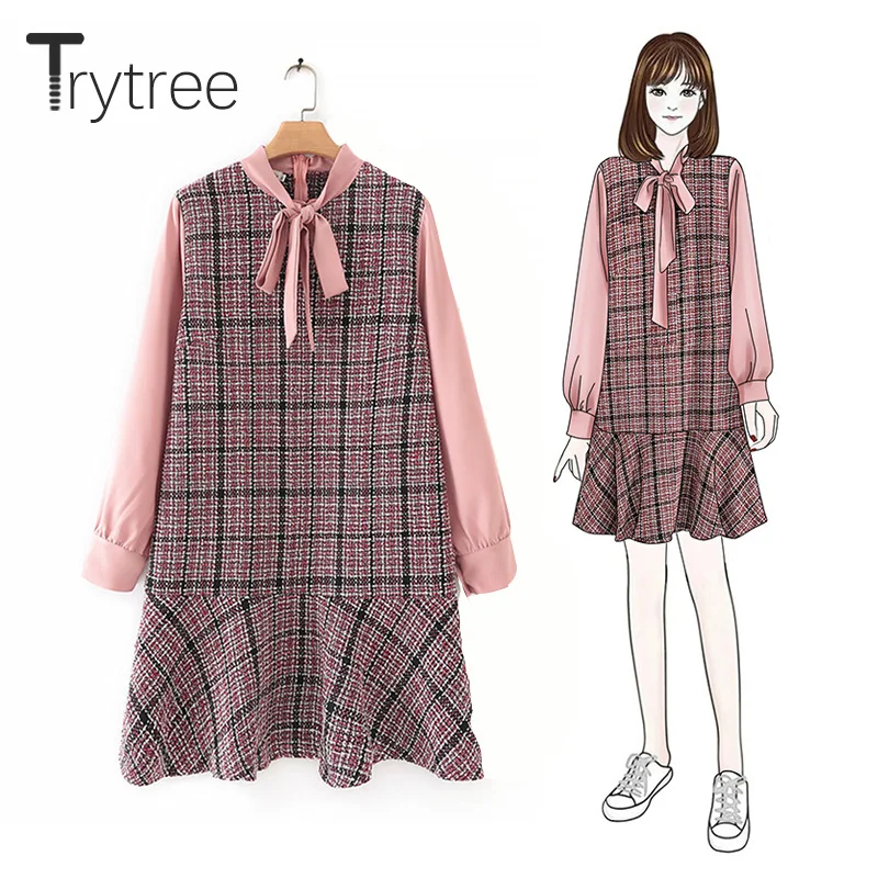 

Trytree Autumn Winter Dress Casual Bow Tie Ruffles Patchwork Plaid Zipper Shirt Dress Mini Ruffles Hem Office Lady A-line Dress