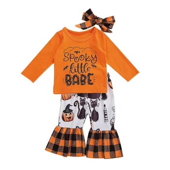 

Toddler Baby Girl Halloween Print Set Letter Long Sleeve Orange T-Shirt Top+Plaid Flared Trousers+Headband 3PCS Kids Clothes