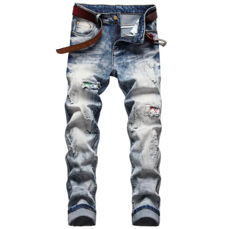 

European American Style Fashion Men Jeans Light Blue Slim Fit Elastic Ripped Patch Jeans Spring Mens Casual Cotton Denim Pants