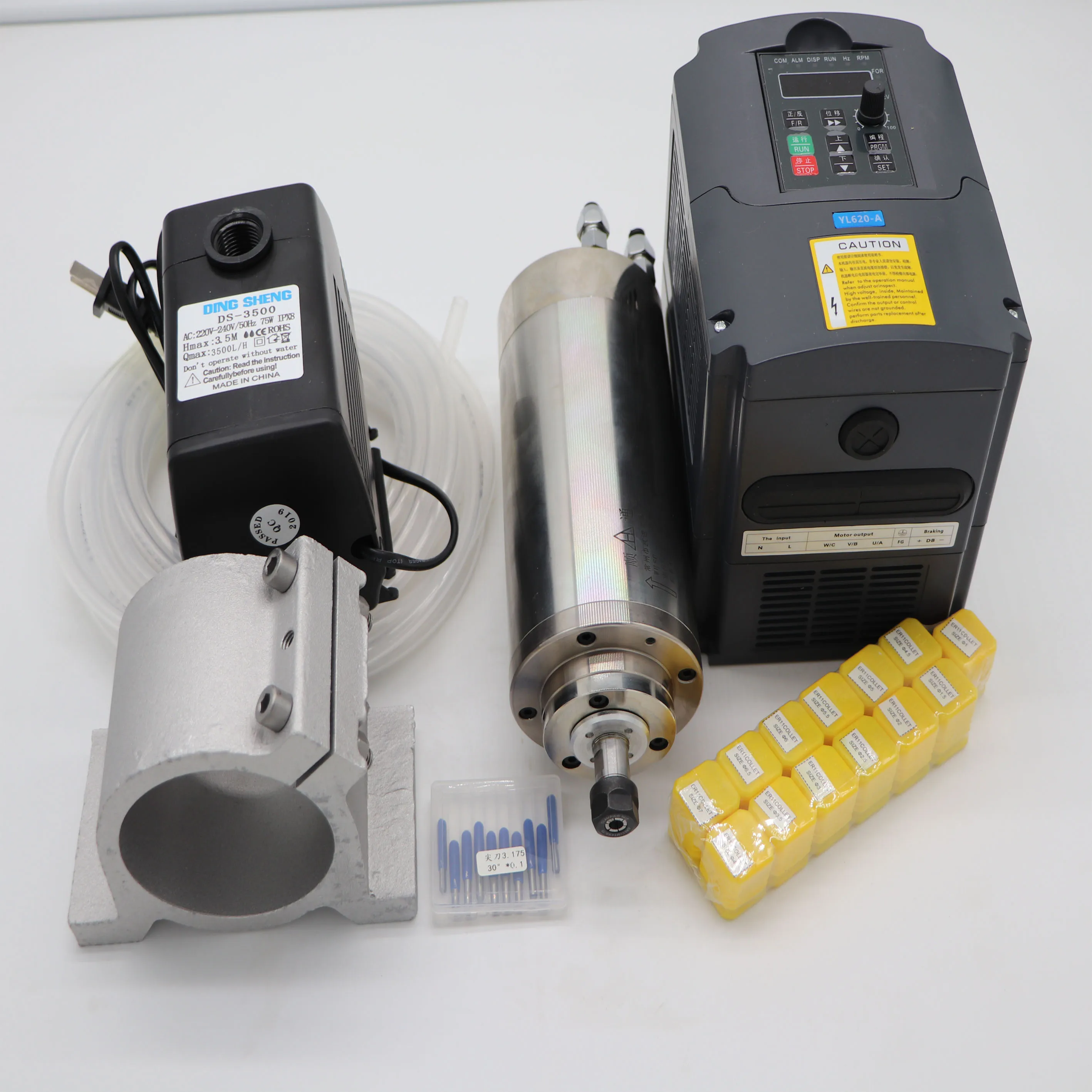 

CNC milling spindle ER11 1.5KW water cooling spindle motor +1.5kw inverter+spindle support+water pump+water pipe+ collets+bits