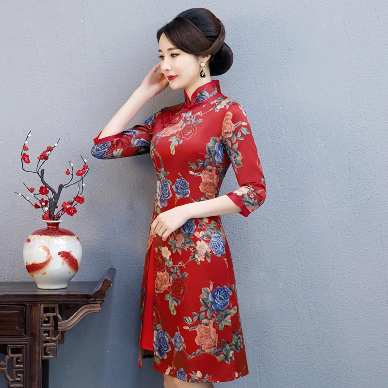 Новое поступление осень Aodai Женские китайские традиционные платья из вискозы с цветочным принтом Qipao воротник стойка Тонкий Cheongsam Размер M-5XL