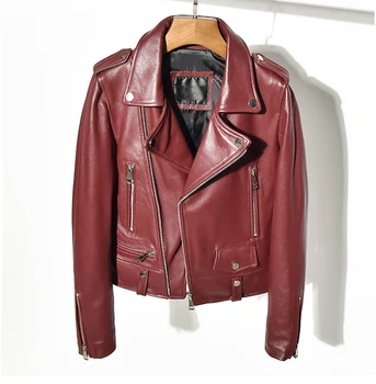 

2020 New Fashion Genuine Leather Jacket Warm Women Short Slim Sheepskin Coat Quality Red Wine Outwear Sales