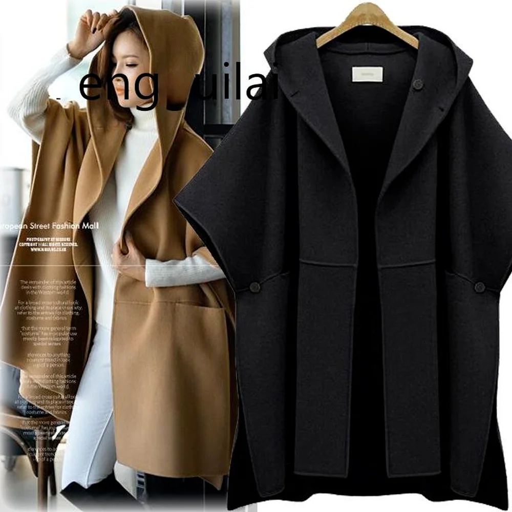 

2021 Retro Womens Cape Poncho Women Open Stitch Woolen Hooded Cape OverCoat Warm Winter Loose Street Cloak Coat Female Clothing