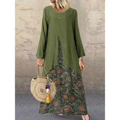 

Women Cotton Dress 2019 Patchwork Long Maxi Dress Print Boho Beach Dress Female Casual Long Sleeve Long Dress