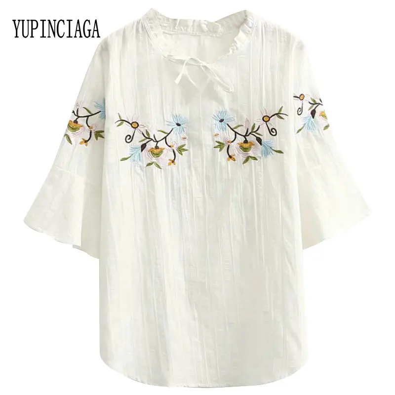 Женские белые хлопковые футболки с цветочной вышивкой 2020 Весенняя женская