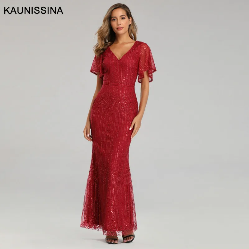 

KAUNISSINA Elegant Formal Dress Mermaid Evening Gowns V-Neck Short Sleeve Sexy Evening Dresses Women Long Sequined Party Gown
