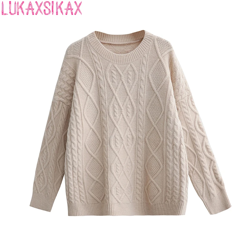 

LUKAXSIKAX 2021 New Autumn Winter Women Loose Pullover Sweater Retro Geometric Argyle Twisted Knitted Sweater