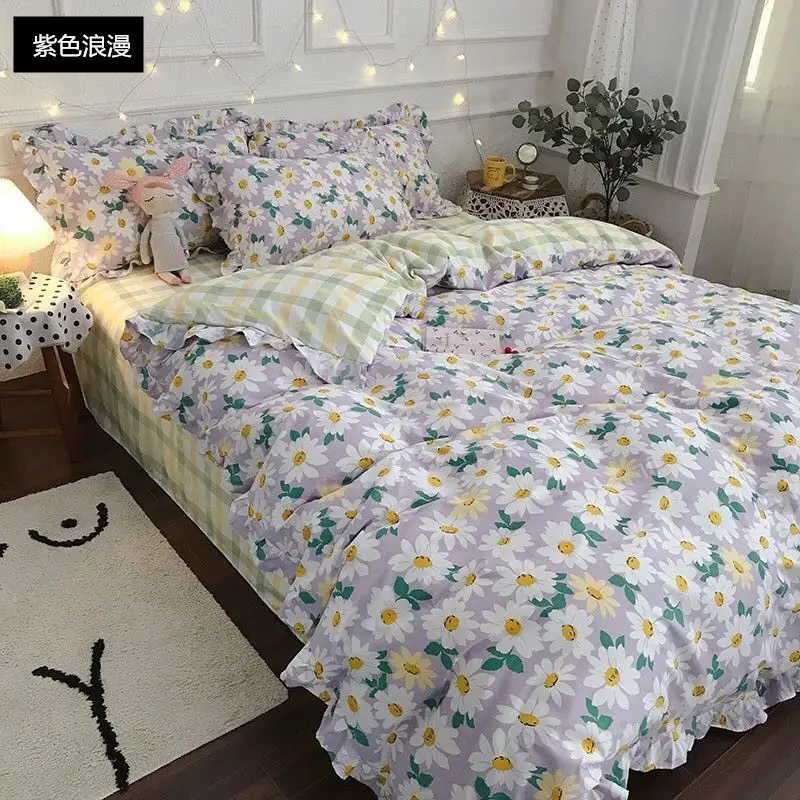 Four-piece set on a lotus leaf bed Korean style fragrant taro purple grid soft small fragrant style bed sheet three-piece set 