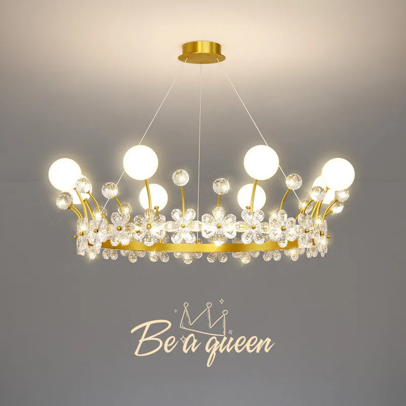 

Modern Gold Crown Metal Led Pendant Lights Lustre K9 Crystal Round Metal Hanging Lamp Bedroom Romantic Suspend Lamp Fixtures