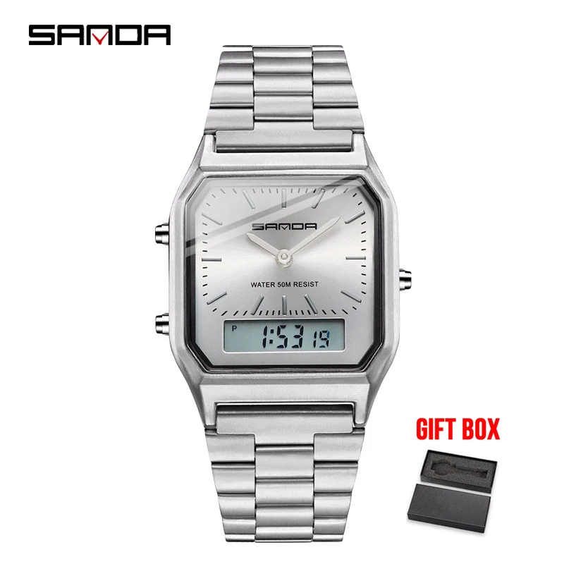 Sanda Watch Men Sports Digital Watches Electronic Mens Quartz Watches Top Brand Waterproof Wrist Watch For Men Relogio Masculino - Цвет: sil white with box