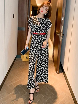 

Stylish off-Shoulder Daisy Printed Ruffles Waist Hugging Slim Wide Leg Pants Jumpsuit Women's Fashion Summer New Style