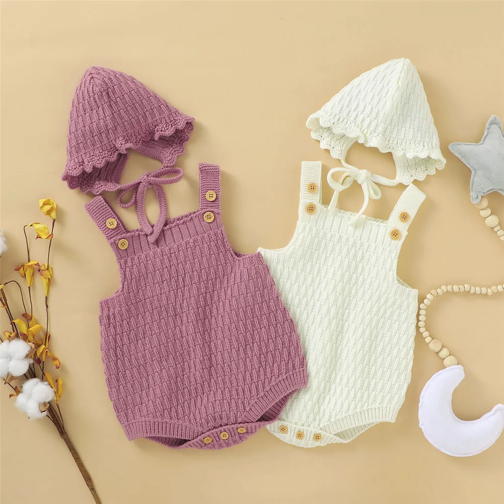 Newborn Knitted Romper Set Casual Cute Baby Girls Sleeveless Square Neck Buttons Jumpsuit with Solid Hat
