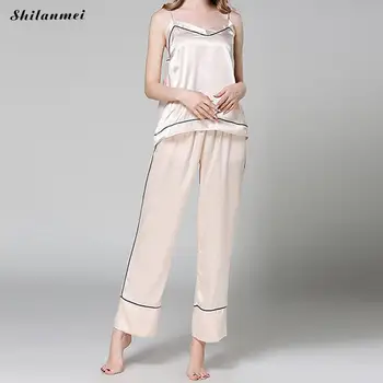 

2020 girls women summer harness pajamas sets long pants backless solid pajama v-neck leisure wear soft Satin silk dressing gown