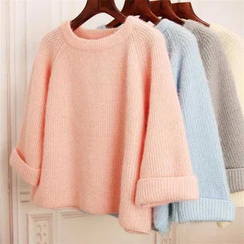 

Korean Fashion Ladies Full Sleeve Women Knitting Sweater Solid O-Neck Pullover And Jumper Loose Sweater Autumn Winter Sweater