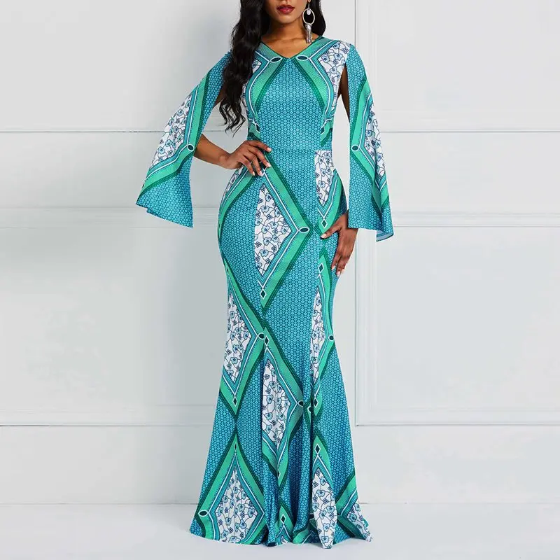 

African National Style Long Sleeve Floor-Length Print Standard-Waist Mermaid Dress Elegant Party Maxi Dresses 2019 Women Fashion