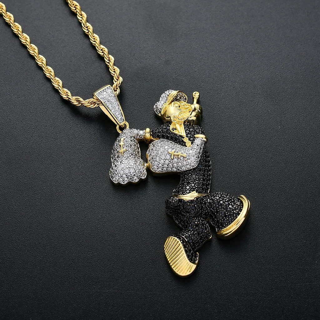 Хип хоп медный Popeye кулон ожерелье Iced Out ожерелья из кубического диоксида циркония ювелирные изделия для мужчин и женщин Подарки