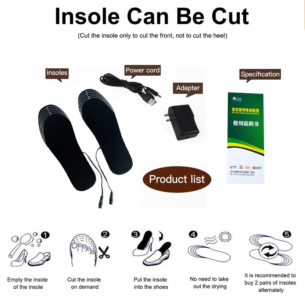 Feet Warmer Socks USB Heated Insoles Foot Warming Pad Pad Mat Winter Outdoor Sports Heating Shoe Insoles Winter Warm