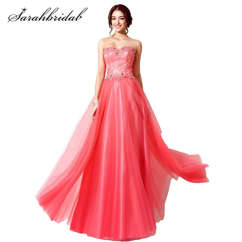 In Stock Elegant Sweetheart Prom Dress Long Tulle Formal Evening Party Gown Crystal Beads Floor Length Lace Robe De Soiree SD207